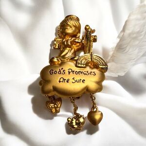 Vintage PMI Goldtone Angel Brooch – "God’s Promises Are Sure" Religious Pin – 2"